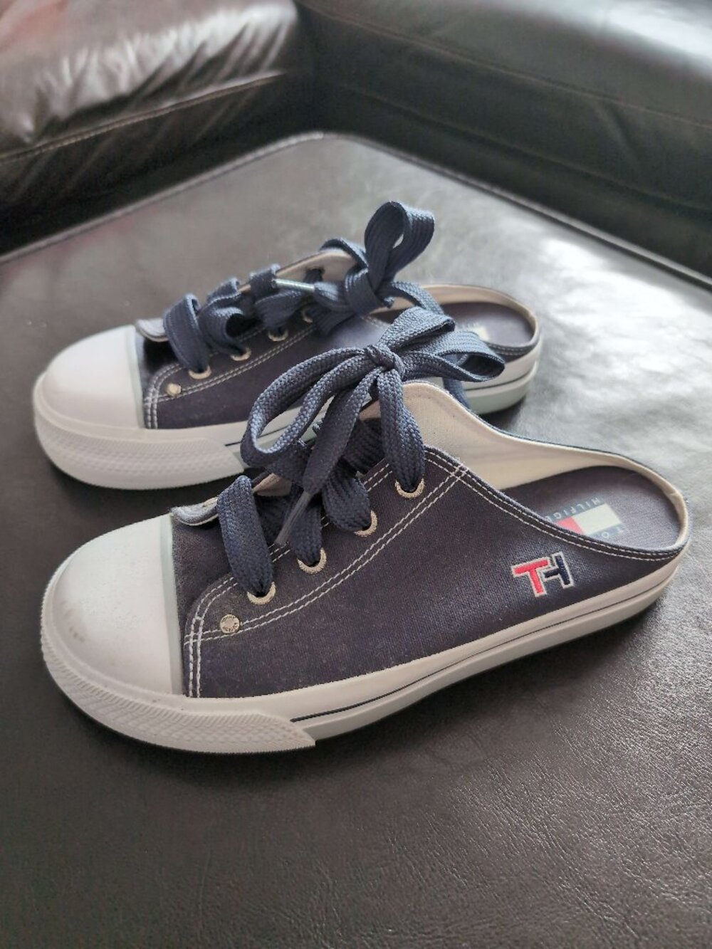 Tommy Hilfiger Navy Canvas Lace-Up Mule Sneakers | Backless Slip-On